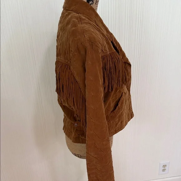 Vintage 90s Action Wear Brown Faux Suede Fringe Jacket Made in USA - Picture 7 of 8